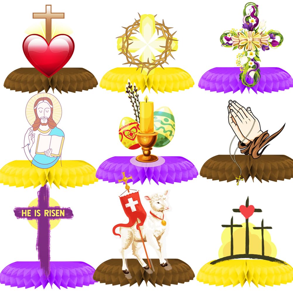 Easter Honeycomb Centerpieces,9 Pcs Double Sided Easter Theme Table Decor He is Risen Sign Religious 3D Easter Decorations for Easter Photo Prop Party Supplies