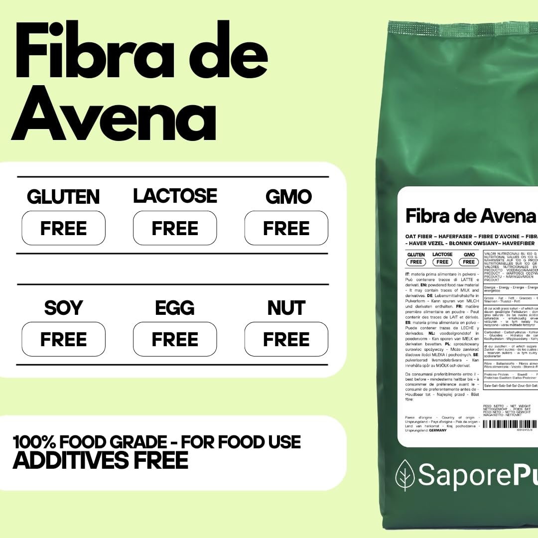 SaporePuro Fibra de Avena en polvo 1 kg - Sin Gluten - Fuente natural de fibra