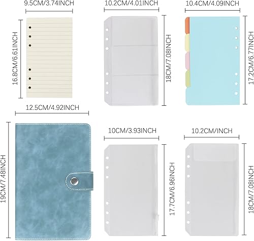 Vista 31 de FYY - Cuaderno de 6 anillos de piel sintética con bolsillos, divisores y papel de recarga, agenda de tamaño A5, color azul marmolado