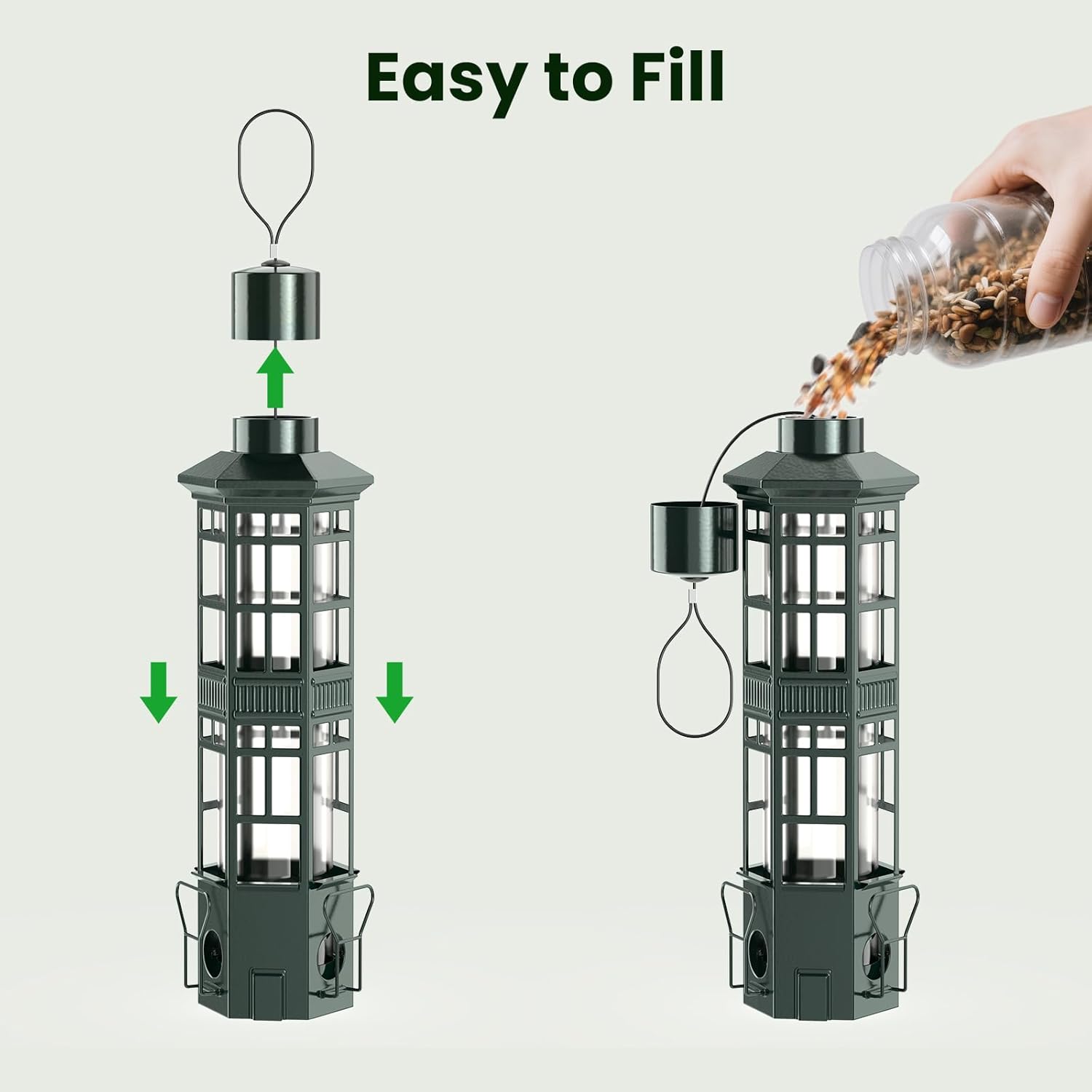 Squirrel Proof Bird Feeder for Outdoors - 3 Port Hanging Metal Bird Feeder with Gravity Spring, 3LB Large Capacity, Chew-Proof & Weather Resistant, Attract Wild Birds, Green - Image 7