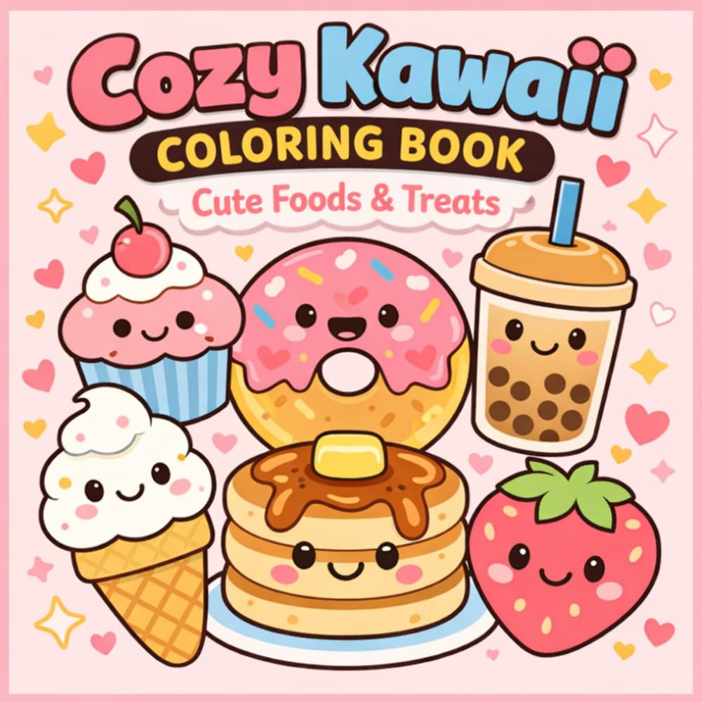 Cozy Kawaii Cute Foods & Treats: Cute & Cozy Bold Easy Designs of Adorable Foods and Sweet Treats for Relaxation and Stress Relief | Fun Simple Coloring Pages for Teens & Adults