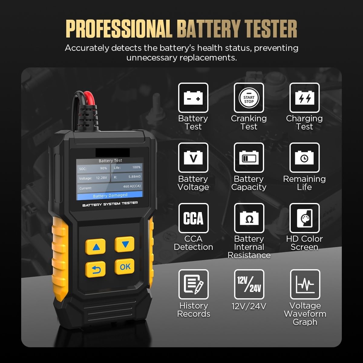 Tester baterii, Tester akumulatora samochodowego BT360 12 V Test diagnostyczny Cyfrowy tester Rozruch pojazdu Ładowanie Skaner Analizator Narzędzie
