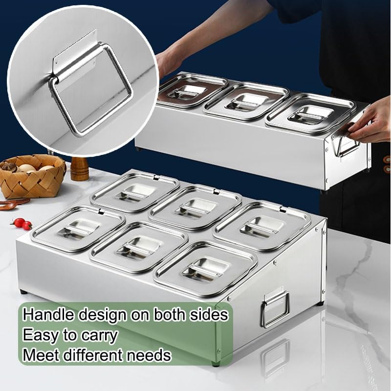 Estación de cobertura de pizza, dispensador de condimentos de acero inoxidable, diseño de mango, organizador de especias para condimentos, salsas, ensaladas, mermeladas, ingredientes de frutas