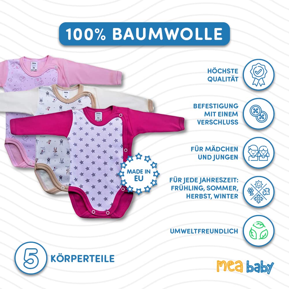 MEA BABY Body unisex de manga larga para bebé de 100 % algodón, paquete de 5 unidades, de manga larga para bebé, con estampado, para niñas, para niños
