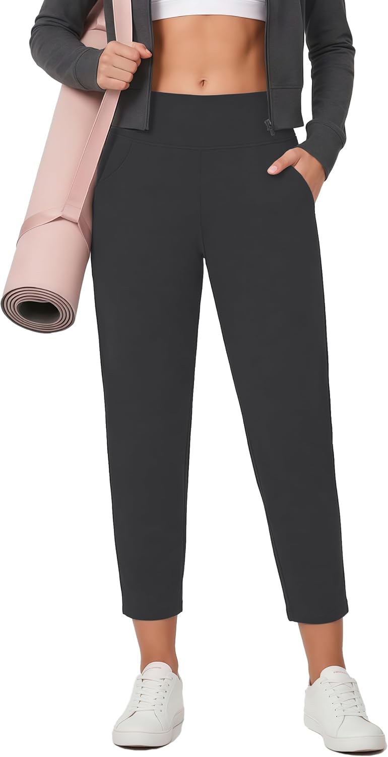Houmous Women's Cotton Yoga Barrel Pants Wide Leg 26"/28" Petite Stretch Loose Lounge Travel Slacks Pockets