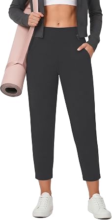 Houmous Womens Cotton Yoga Barrel Pants Wide Leg 26"/28" Petite Stretch Loose Lounge Travel Slacks Pockets