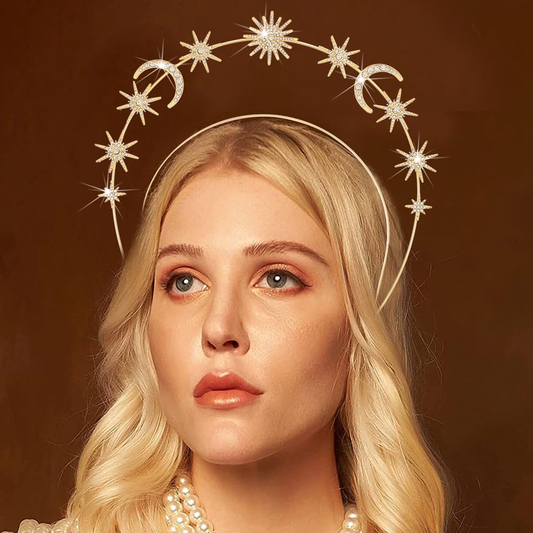 Zoestar Star Halo Crown Headband Rhinestone Star Goddess Headpiece Celestial Hair Accessories for Women (Gold 2) - Image 4