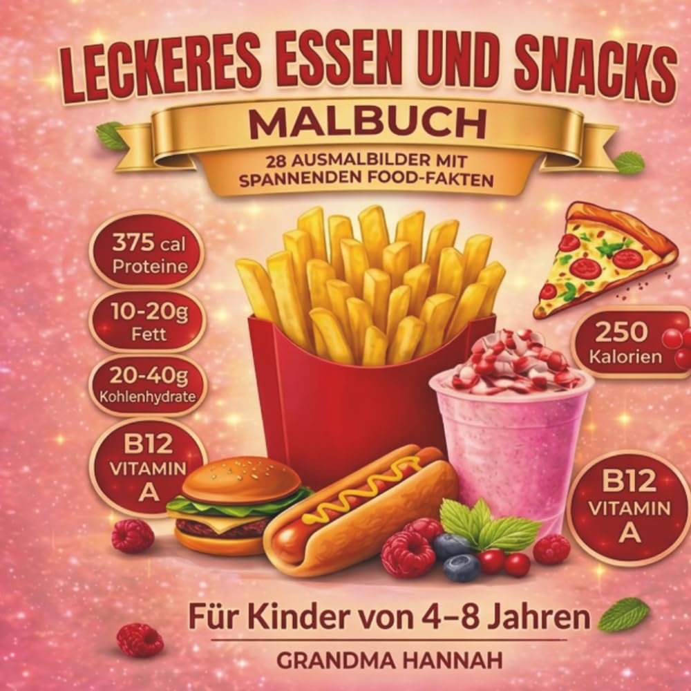 Leckeres Essen und Snacks Malbuch: Von Burger bis Eiscreme – ausmalen und Neues entdecken. Kreatives Malbuch für Kinder von 4–8 Jahren mit spannenden Food Fakten über Lebensmittel