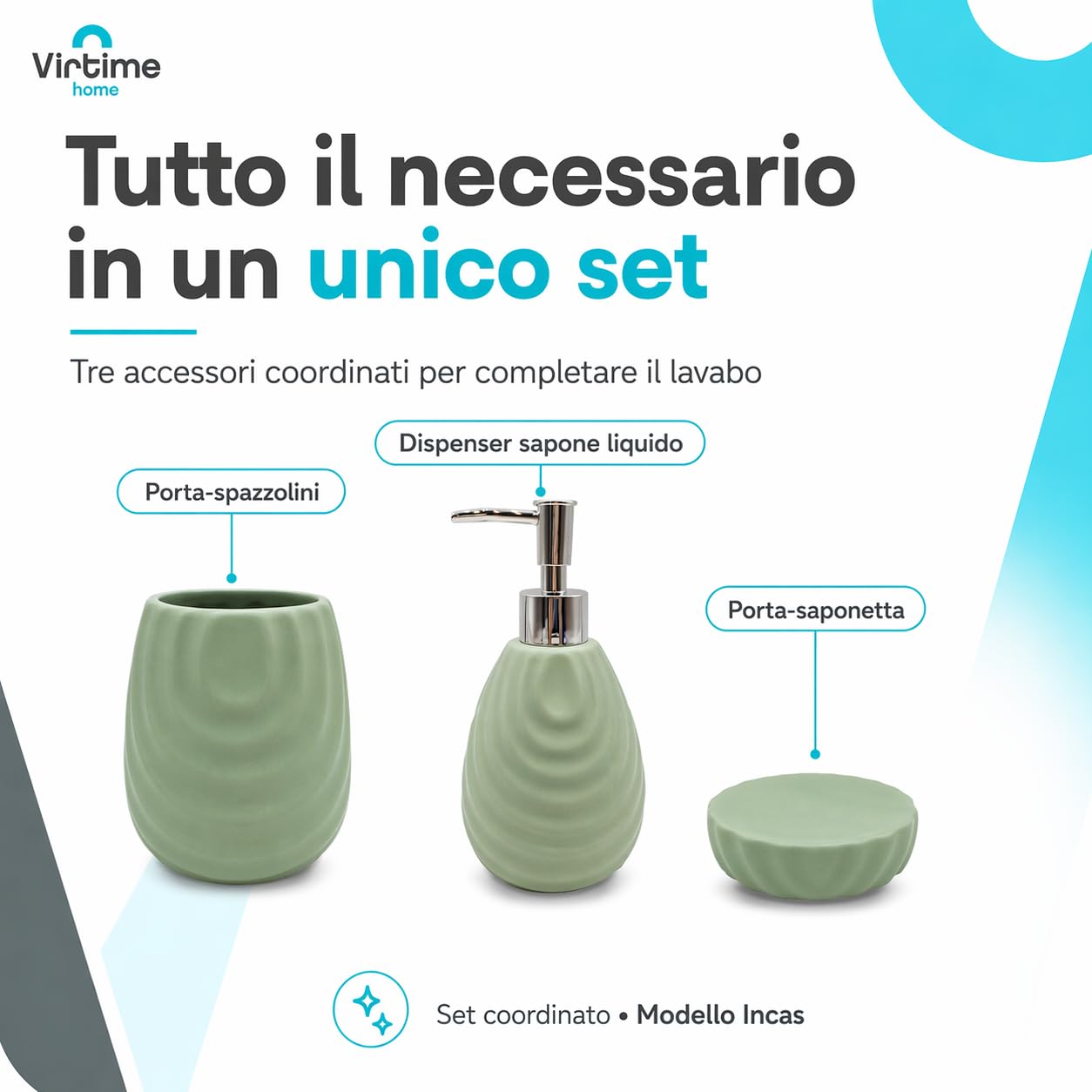 Set Accessori Bagno 3 Pezzi in Ceramica Lucida Modello Incas, Dispenser Sapone Liquido, Porta Spazzolini e Porta Saponetta (verde)