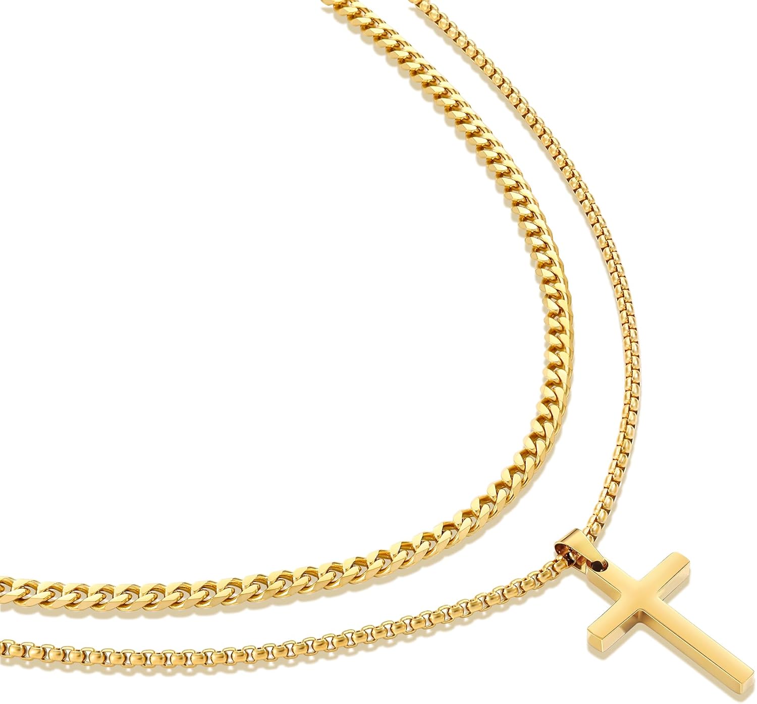 Fiusem Valentines Gifts for Him - 2 Pcs Cross Chain Necklace for Men and Women, Silver/14K Gold Plated/Black Layered Mens Cross Necklaces Stainless Steel Cross Pendant with Cuban Link and Box Chain 16-26 Inch - Image 9