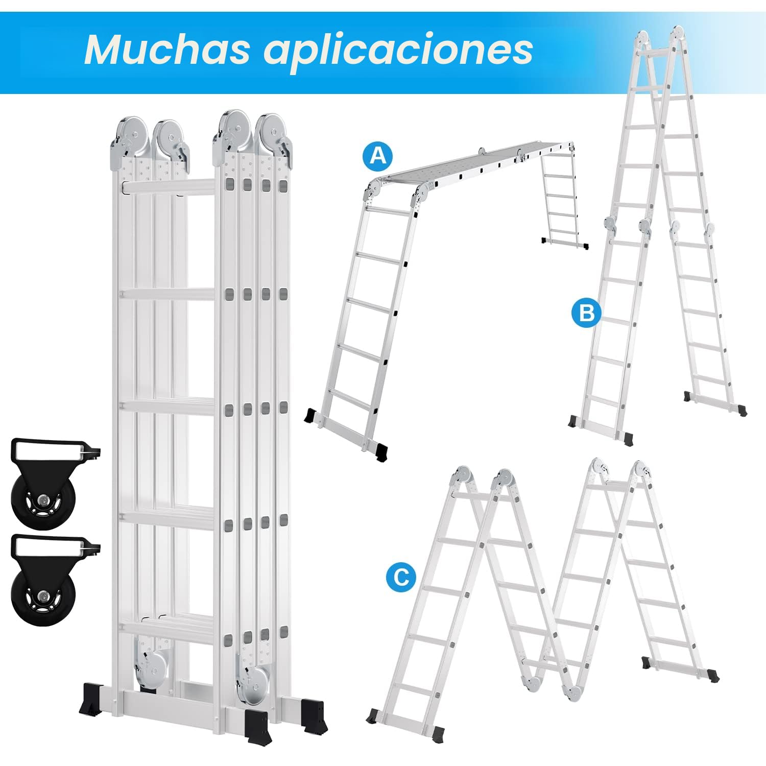 Escalera multiusos de aluminio de 5.8M 4x5 peldaños, escalera multifunción con plataforma, escalera con 2 estructuras, escalera de peldaños hasta 150 kg, escalera plegable de 20 peldaños