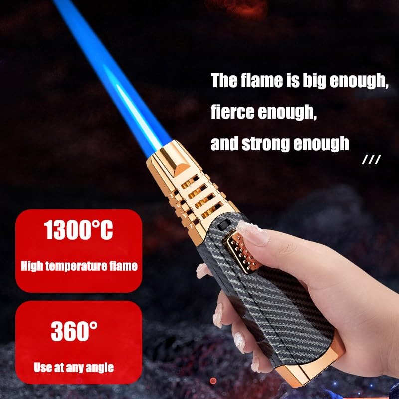 Briquet Torche, coupe-vent à flamme réglable, rechargeable au gaz butane pour cuisine, extérieur, camping, barbecue – Verrou de sécurité inclus