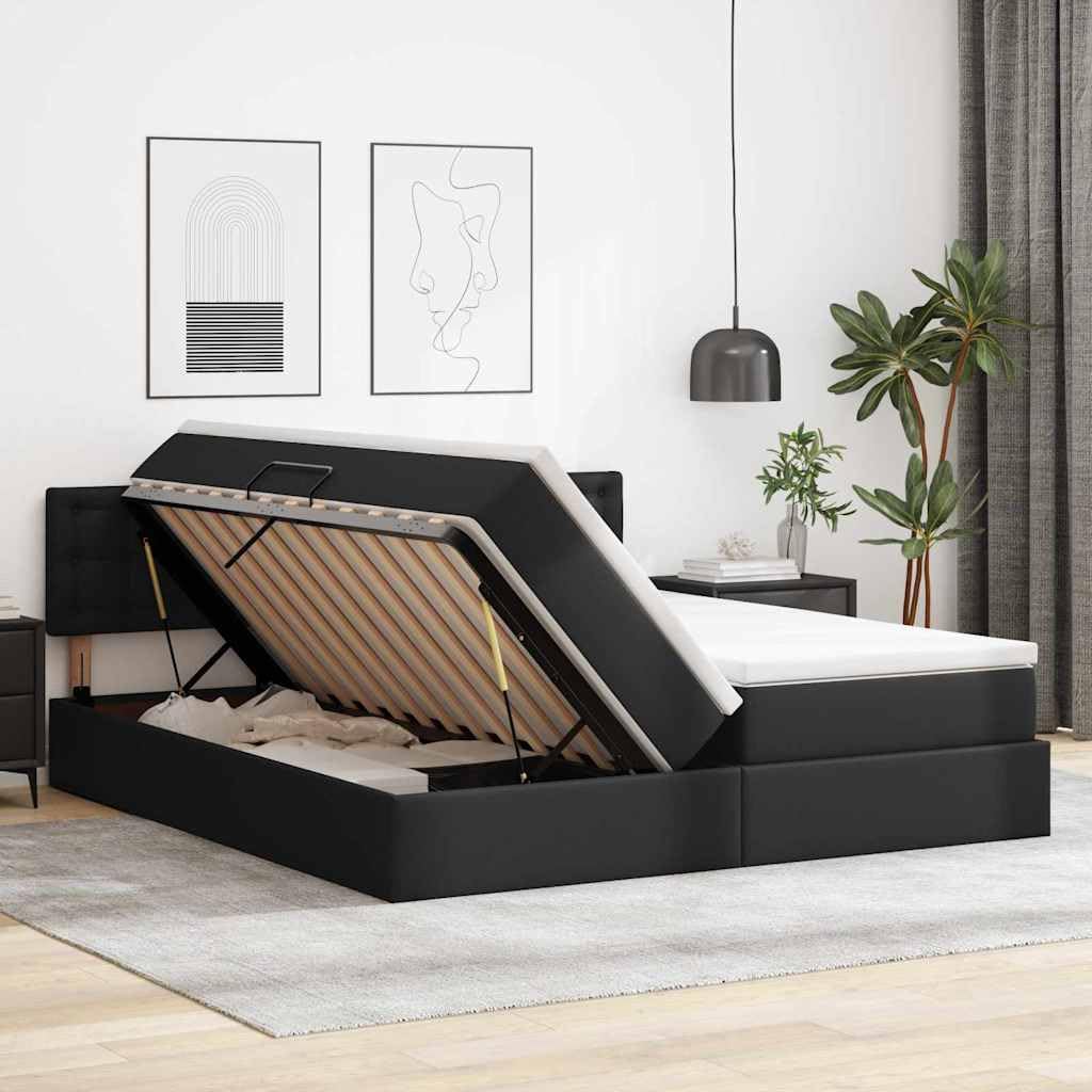 Letto portaoggetti con testiera, nero, 180 x 200 cm, in ecopelle, con materasso, struttura stabile, per camera da letto moderna, con contenitore e meccanismo idraulico