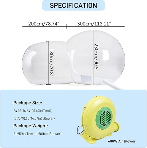 Miniatura 8 de Tienda de campaña inflable de burbujas de 10 pies, inflable de PVC 3M, casa comercial de dos habitaciones, domo ecológico transparente, tienda de
