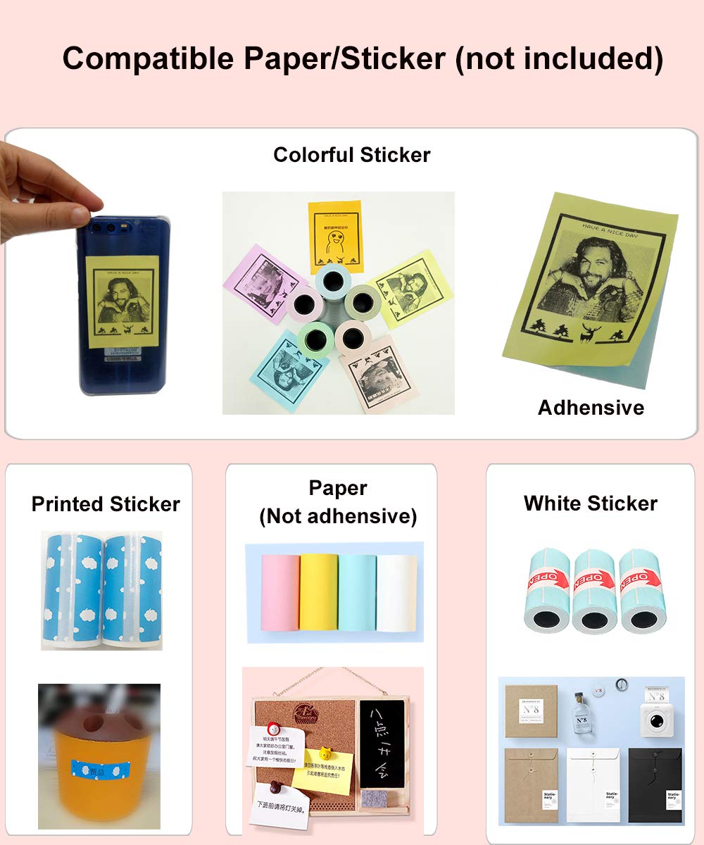 Impresora fotográfica Bluetooth portátil + Estuche protector + 1 rollo de papel sin tinta de bolsillo Peripage de impresión térmica (Blanco)