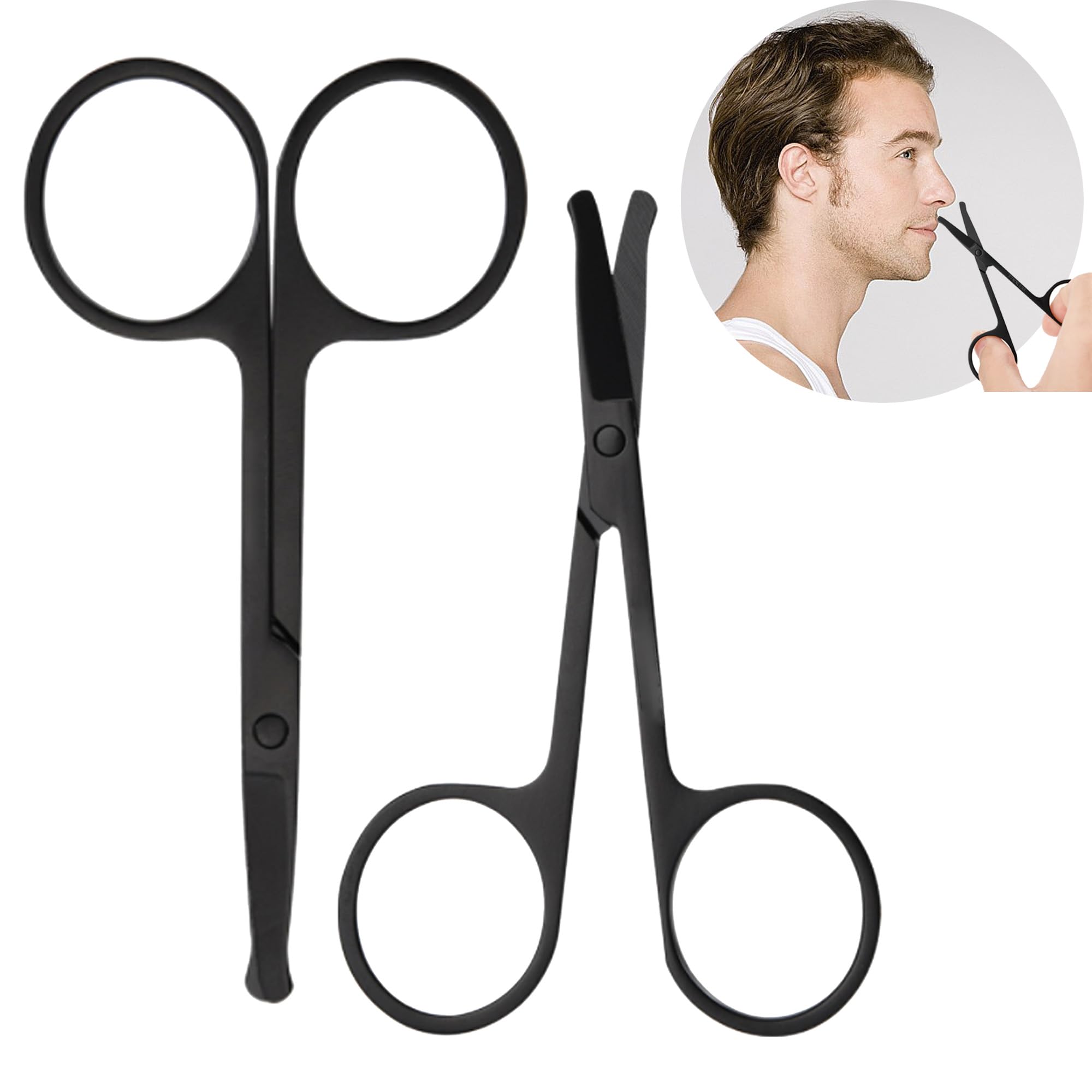 2 tijeras Tijeras de nariz profesional, Tijeras para la nariz, nariz, orejas y barba pelo quitar, Cortadora de cabello de nariz, Inoxidable, Redondeada(Negro)