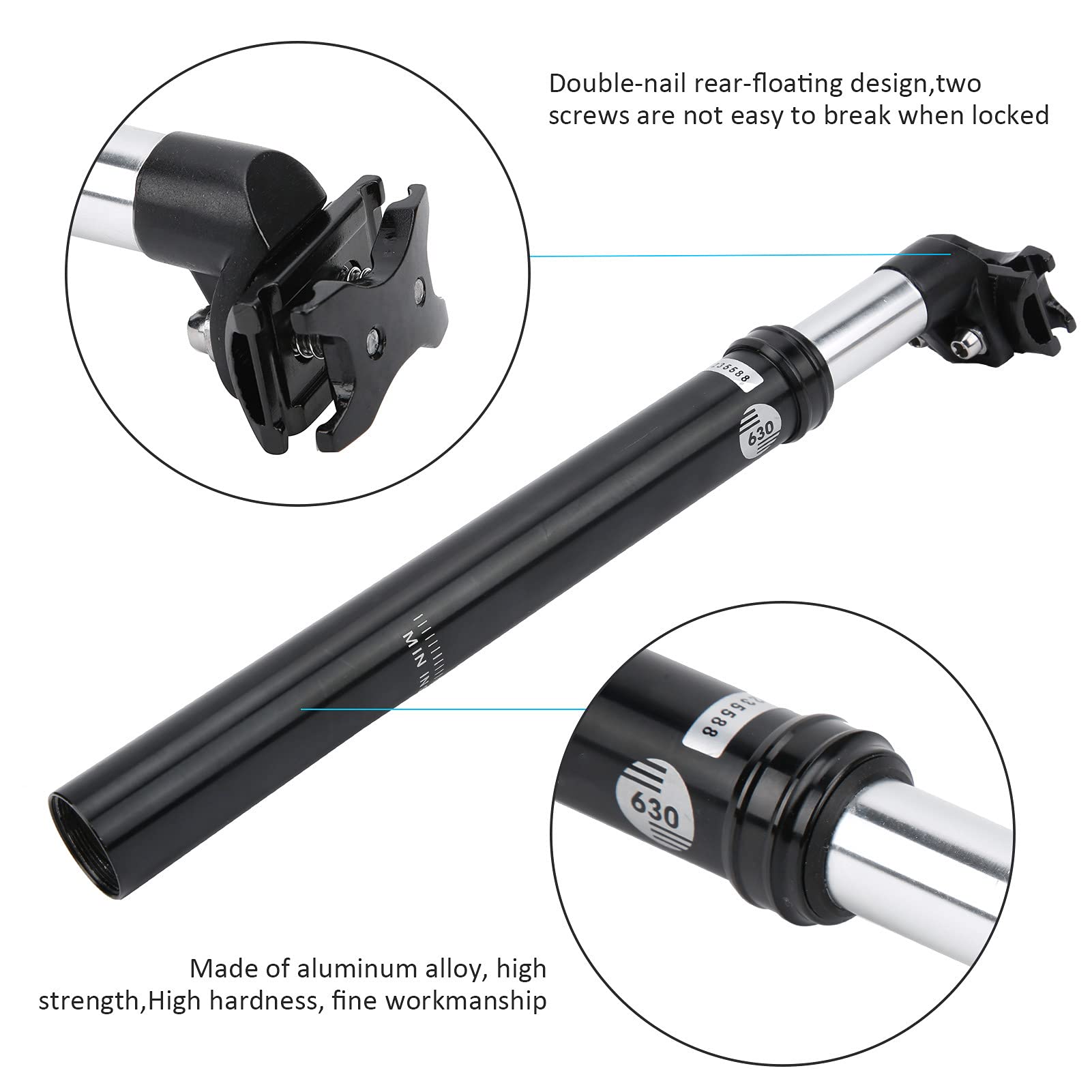 Tige de selle suspendue pour VTT 31,6 mm, en alliage d'aluminium avec amortisseurs.