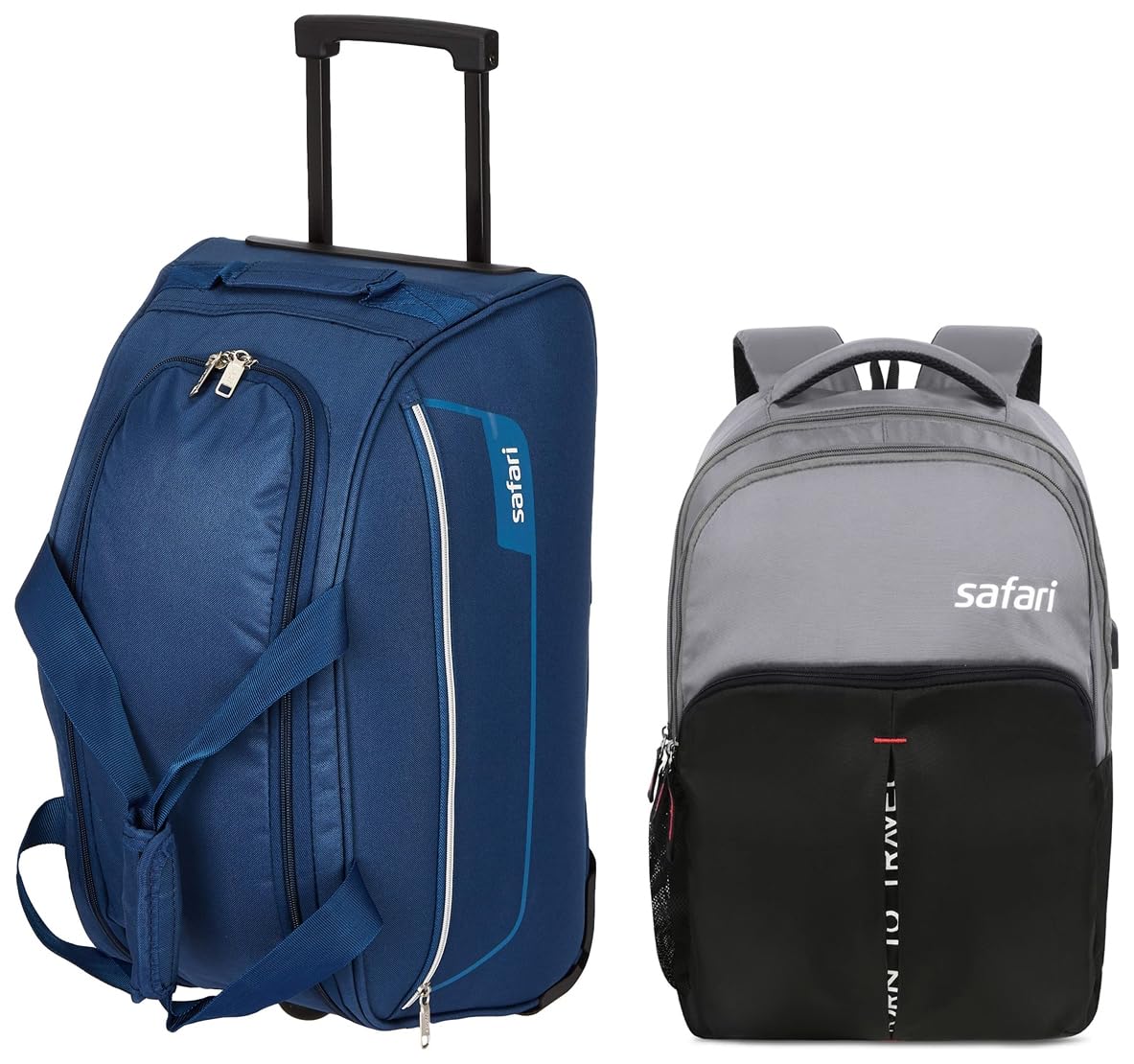 SafariSafari ARC Polyester 55 cms Blue Travel Duffle (ARC55RLBLU) & Safari Sneak Casual Backpack with USB Charging Port 26 Ltrs Water Resistant Fabric - Grey, L (SNEAK19CBGRE)
