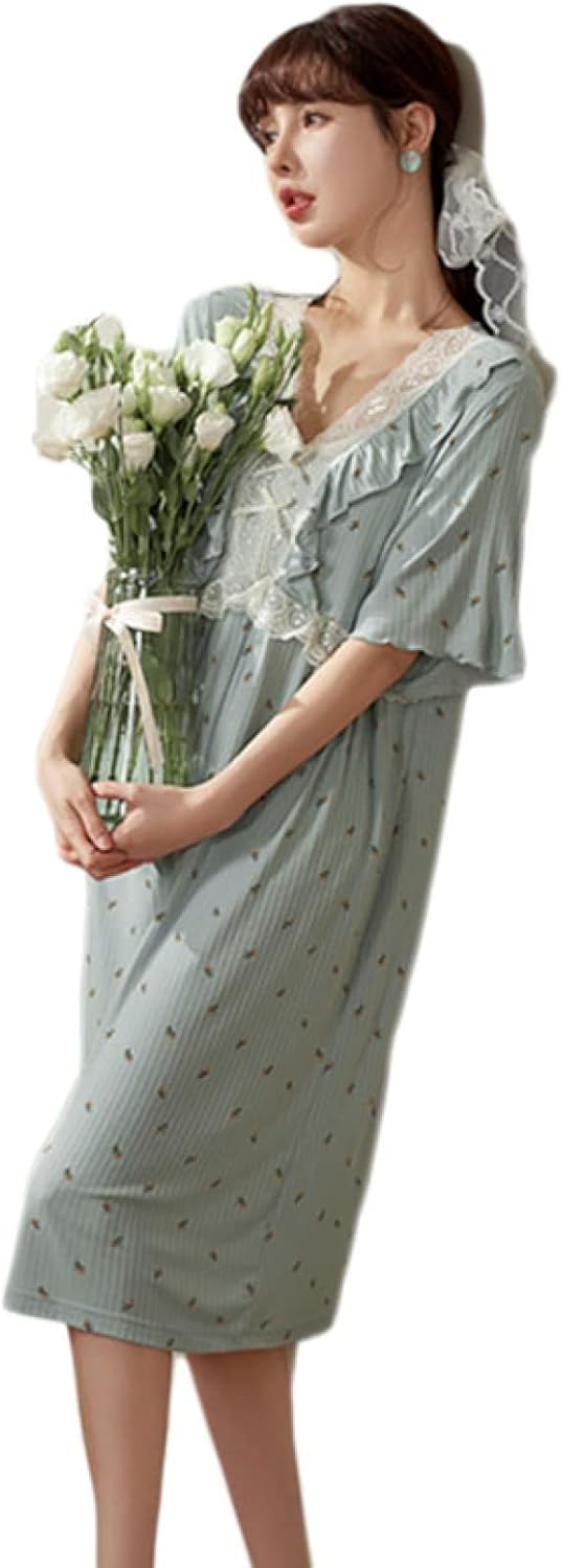 AORKU] ネグリジェ Vネック ストライプ 花柄 ひざ丈ワンピース 五分袖