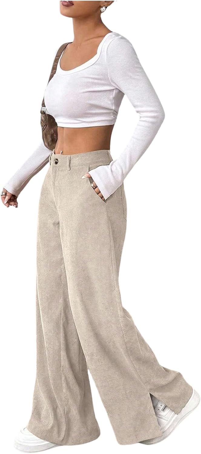 SweatyRocks Women's Corduroy Wide Leg Baggy Pants Casual Split Low Waist Long Fall Trousers with Pockets