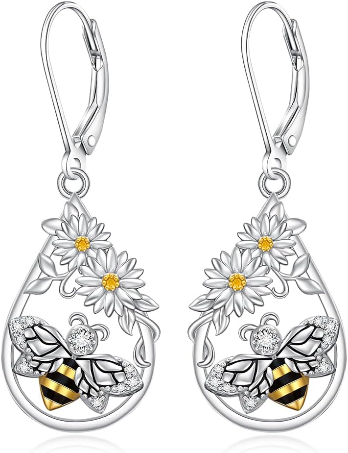 Daisy Bee Earrings for Women Dangle Sterling Silver Bee Bumble Daisy Earrings Jewelry Mothers Day Birthday for Women Gifts