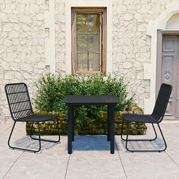 3 Piece Outdoor Dining Set Poly Rattan and Glass Table with 2 Chairs, Black Patio Furniture for Garden, Backyard, Balcony, Weather-Resistant, Stackable, Easy to Clean