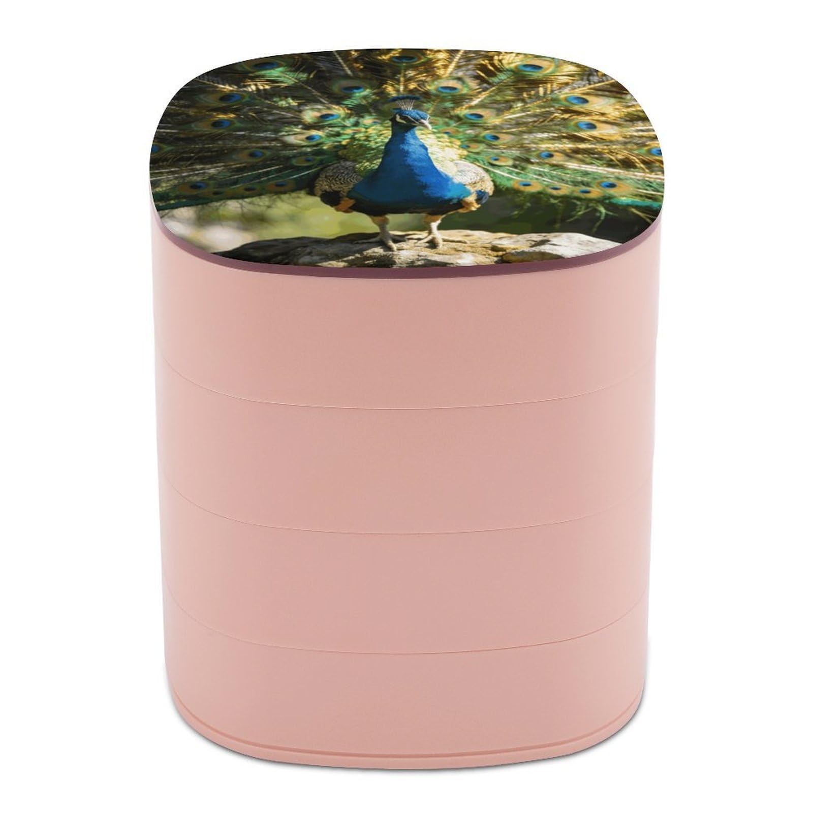 Beautiful Peacock with Colorful Feathers Jewelry Box Women Jewelry Organizer Travel Jewelry Case Cute Necklace Ring Storage Organizer 4-Layer Rotating Jewelry Tray Case with Mirror for Bracelets