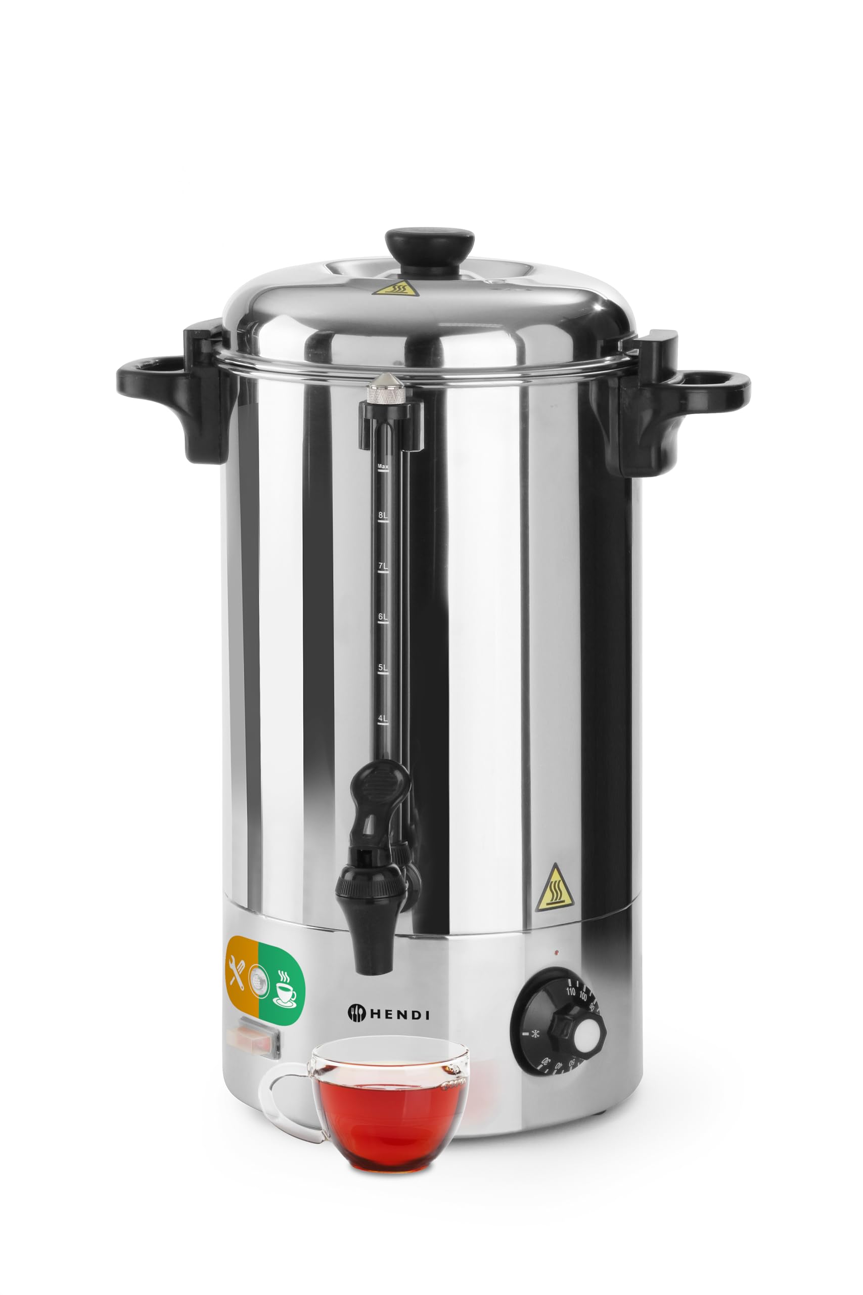 HENDI Dispensador de Bebidas Calientes Eléctrico, de Pared Simple, Hervidor para Agua y Vino Caliente, 94–99°C, 9L, 230V/2200W, 340x227x(H)468mm, Acero Inoxidable