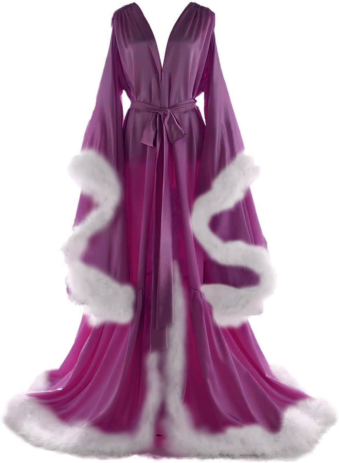Women's Feather Bridal Robes Old Hollywood Maternity Photoshoot Nightgown Silk Bathrobe Long Lingerie