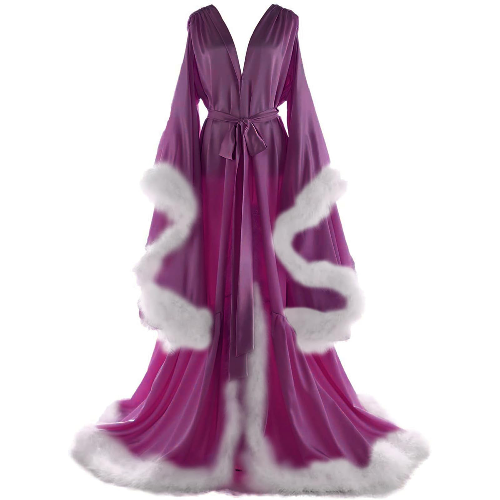 Women's Feather Bridal Robes Old Hollywood Maternity Photoshoot Nightgown Silk Bathrobe Long Lingerie