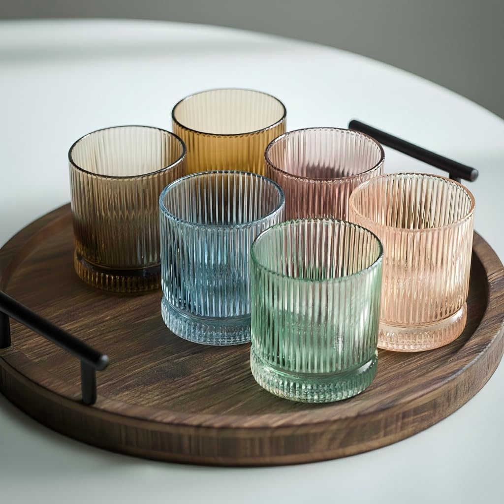 Physkoa Colored Drinking Glasses Set of 6 - Vintage Highball Glasses Colorful,Colorful Tumbler Glass for Cocktail,Juice,Mixed Drinks,Water,Holiday Party Supplies Gifts