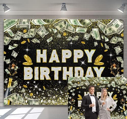 5x3ft Dollar Bill Black Gold Birthday Backdrop Glitter Diamond Champagne Background Money Casino 16th 18th Boy Girl Party Photo Booth Supplies