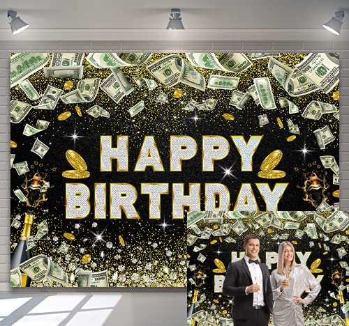 5X3Ft Dollar Bill Black Gold Birthday Backdrop Glitter Diamond Champagne Background Money Casino 16Th 18Th Boy Girl Party Photo Booth Supplies #TOP2