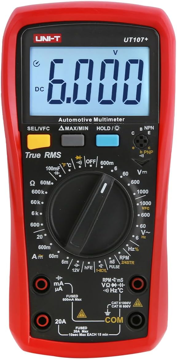 UNI-T UT107+ Digital Multimeter, Pocket-Sized Mini Voltage Tester, AC/DC Voltage & Current, Resistance, Continuity, Diode Test, CAT III 600V Safety, with Test Leads & Case for Home DIY, Car Repair
