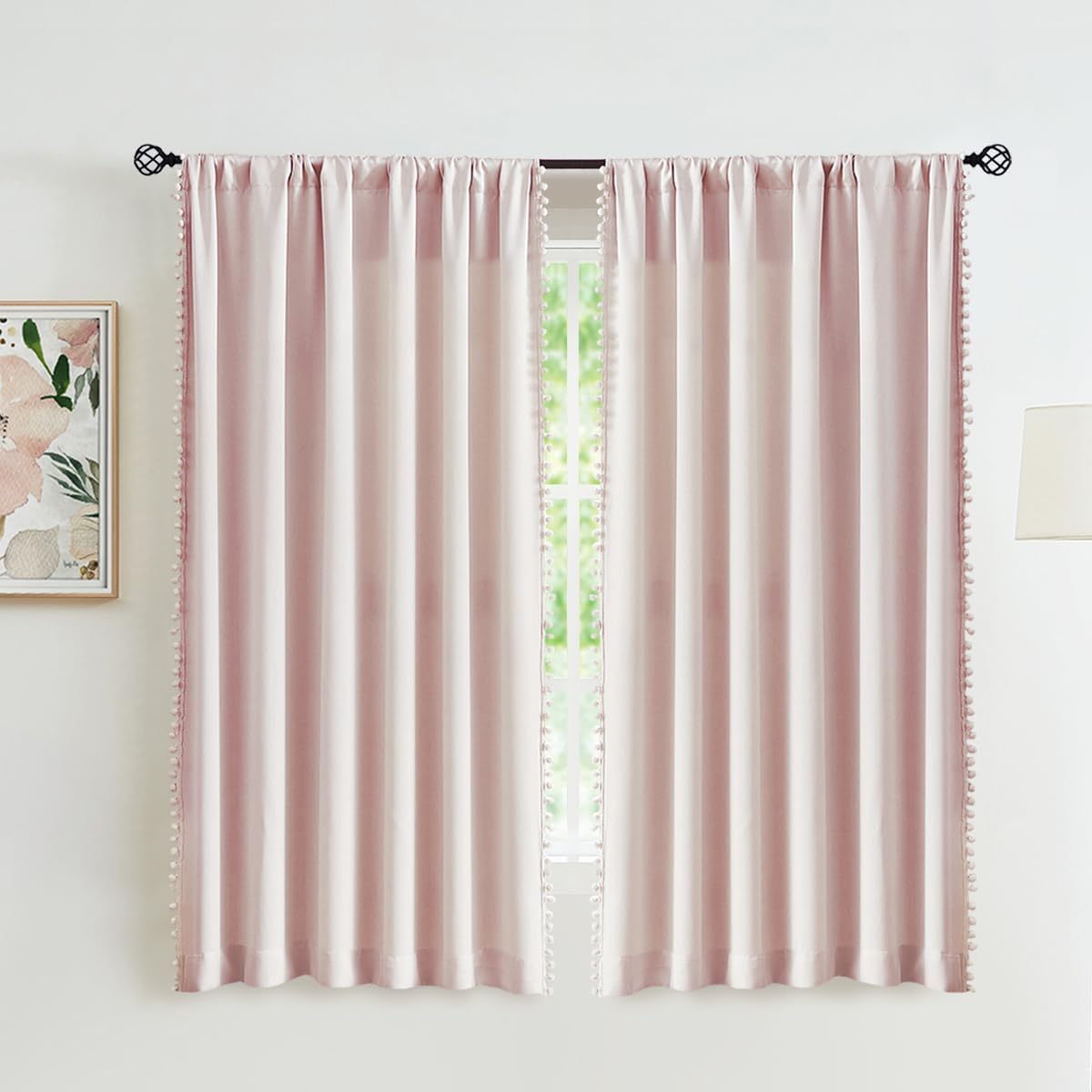Pom Pom Curtains for Bedroom Pink Girls Room Blackout Window Drapes 63" Energy Efficient Thermal Insulated Living Room Darkening Curtain Panels 2pcs