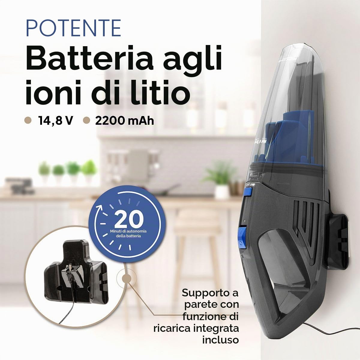 PROFI CARE PC-AKS 3034, 3034-Aspirapolvere, 2 in 1, per Bagnato e Secco in Uno, Adatto a Tutte Le superfici, Potente Batteria agli ioni di Litio da 14,8 V, Colore, Alluminio, Blu-Antracite