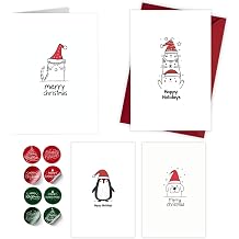 Paper Play Merry Christmas Cards Boxed with Envelopes Assorted Animal Designs Set of 20 Funny Designs on Heavy Duty Card Stock - 4x6 Inches Bulk Christmas Cards with Envelopes & Matching Stickers