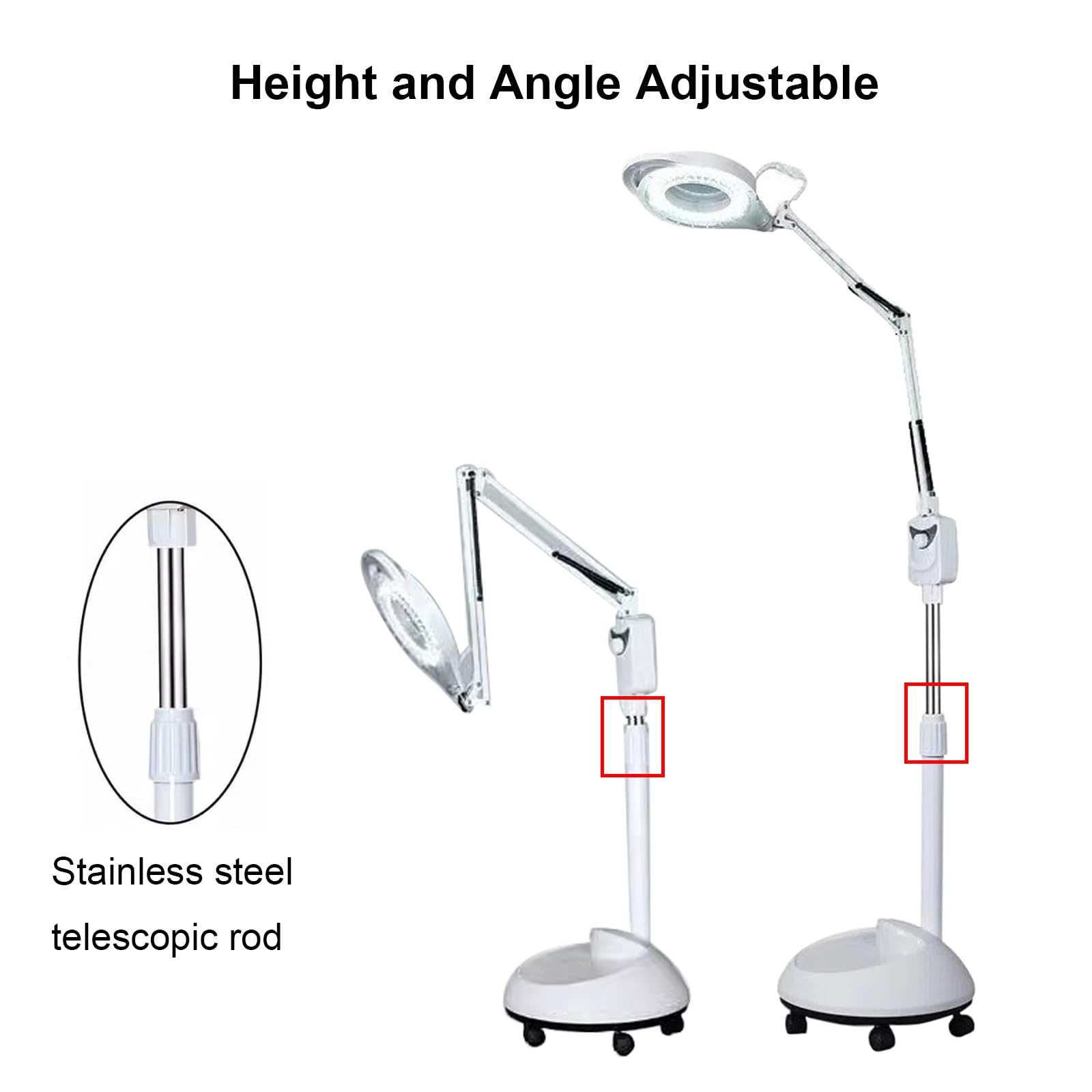 Mobilna Lampa Medyczna LED Bezcieniowa Lampa do Badań Medycznych, Regulowana Wysokość i Jasność, Funkcja Powiększenia 8X, do Szpitali, Oddziałów Dermatologicznych, Salonów Kosmetycznych Itp