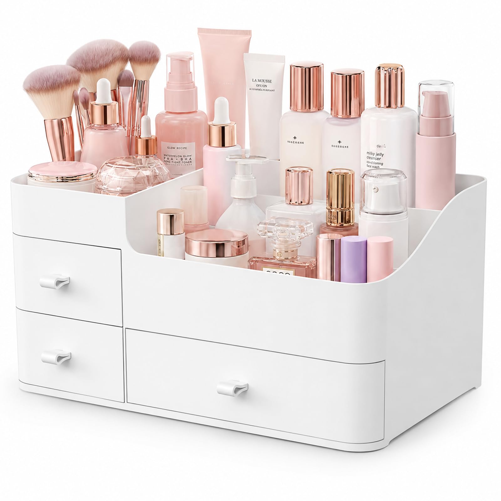 ONXE Makeup Organizer With Drawers, Chic Countertop Storage for Cosmetics Elegant Vanity Holder for Brushes, Eyeshadow, Lotions, Lipstick, Nail Polish and Jewelry (White)