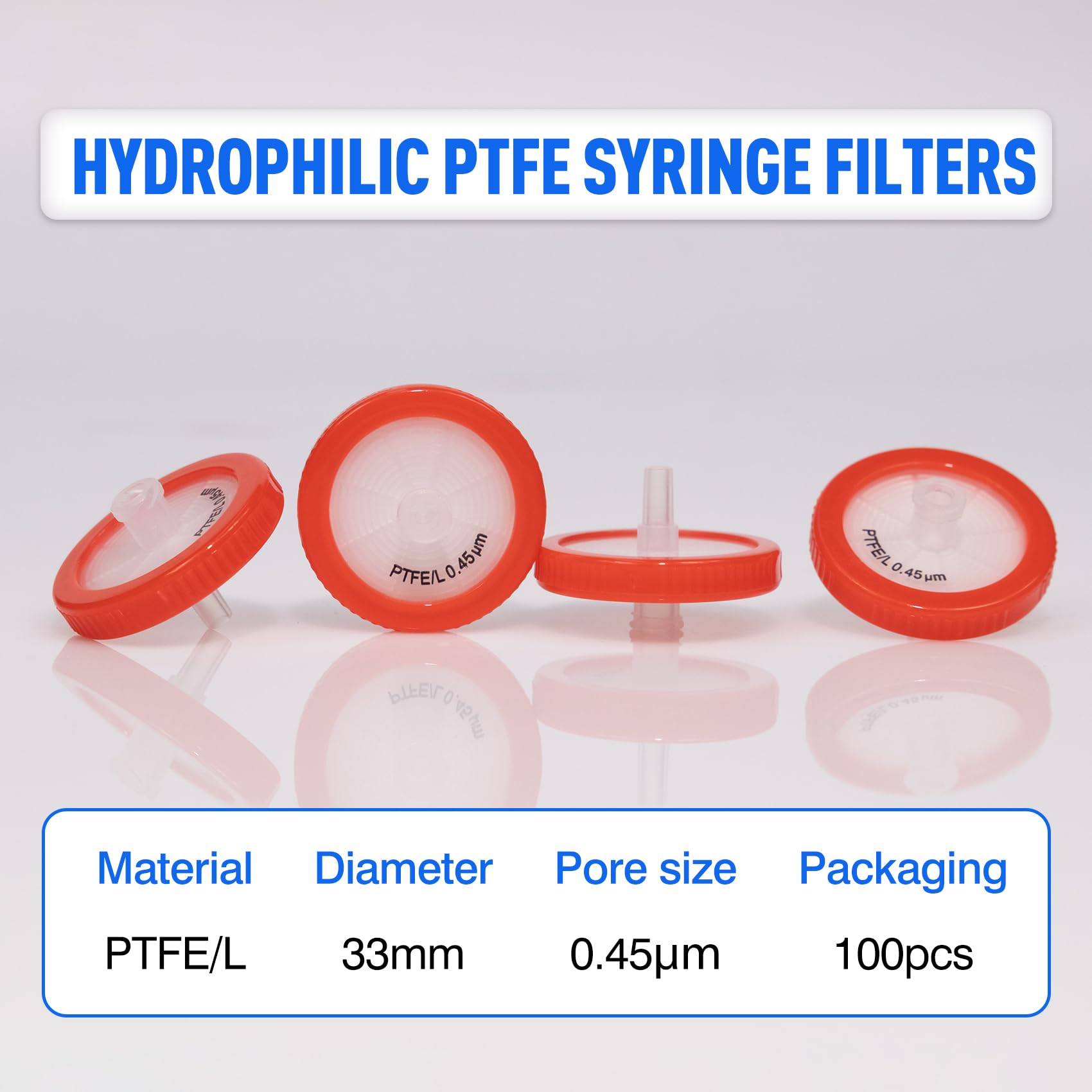 100 Stücke PTFE Spritzenfilter Hydrophilic 0,45 μm Porengröße, 33 mm Membran Durchmesser, Labor-spritzenfilter für die Biomedizinische Wissenschaft