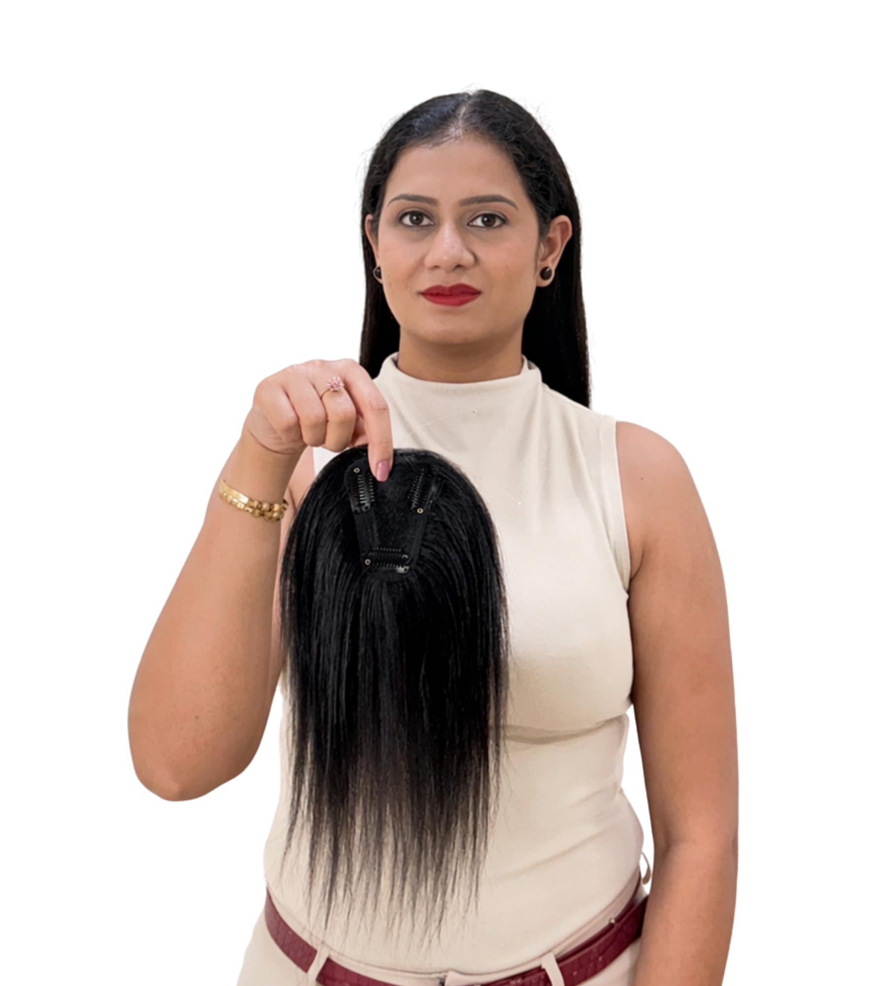 GOLDTIPS V-Shaped Mini Lace Topper | Real Human Hair | 3-Clip Secure Design for Parting Line or Front Hair Thinning | Seamless Coverage & Natural Volume | Lightweight & Easy to Apply | Natural Black, 10 Inch-image-9