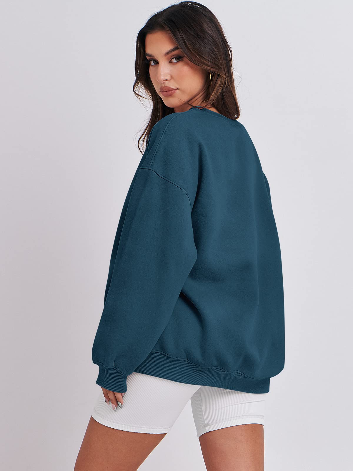 Damskie bluzy oversize bluzy z kapturem polar okrągły dekolt sweter top codzienne jesienne stroje preppy ubrania nastolatki 2024 A1019 światło, Jeden kolor, Deep Blue_L