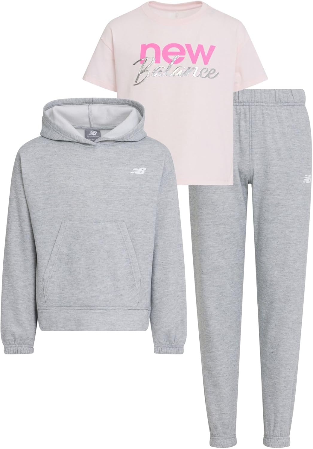 New Balance Girls 3pc Sweatsuit - Cotton Blend Fleece Activewear Set - Pullover Crewneck Hoodie, T-Shirt, Jogger, (4-12)