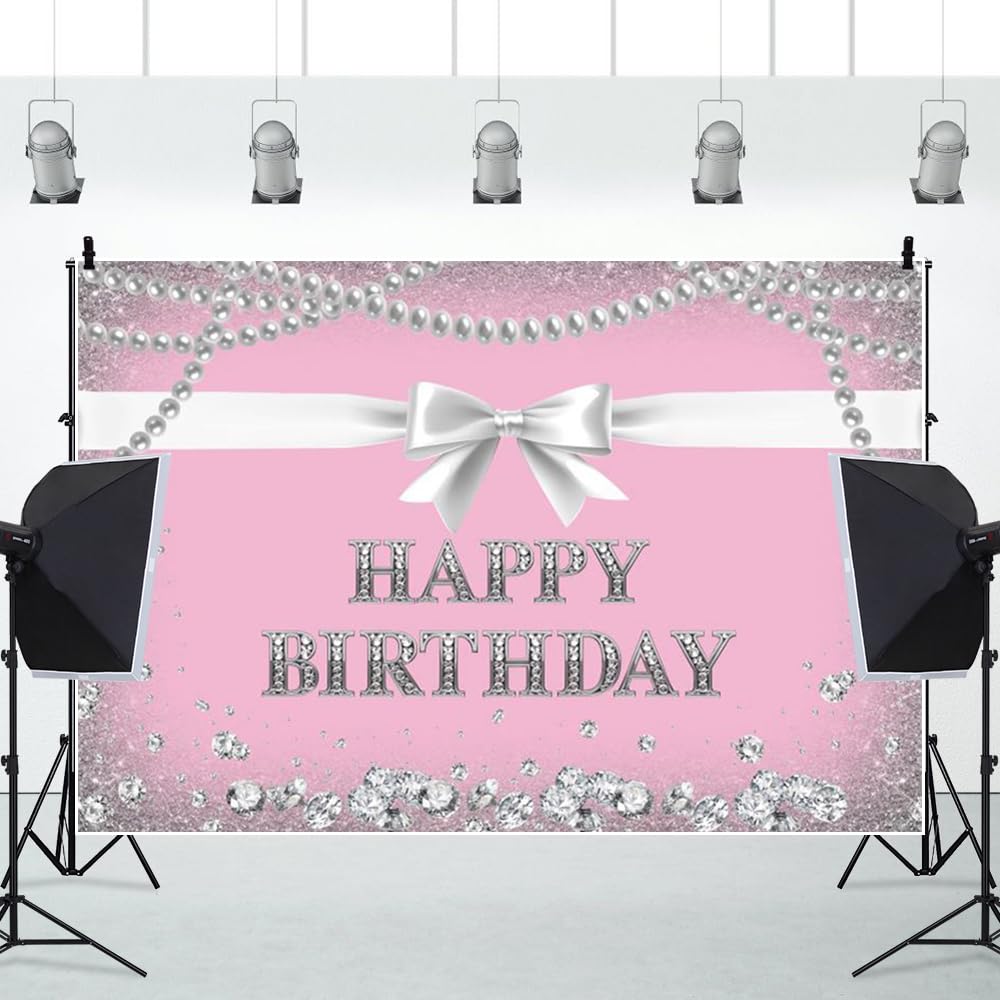 Leowefowa Różowe tło "Happy Birthday" do fotografii 2,4 x 2 m, winylowa, srebrna, kokarda, naszyjnik, diamenty, tło fotograficzne, przyjęcie urodzinowe, dla dziewczyny, księżniczki, baner, rekwizyty