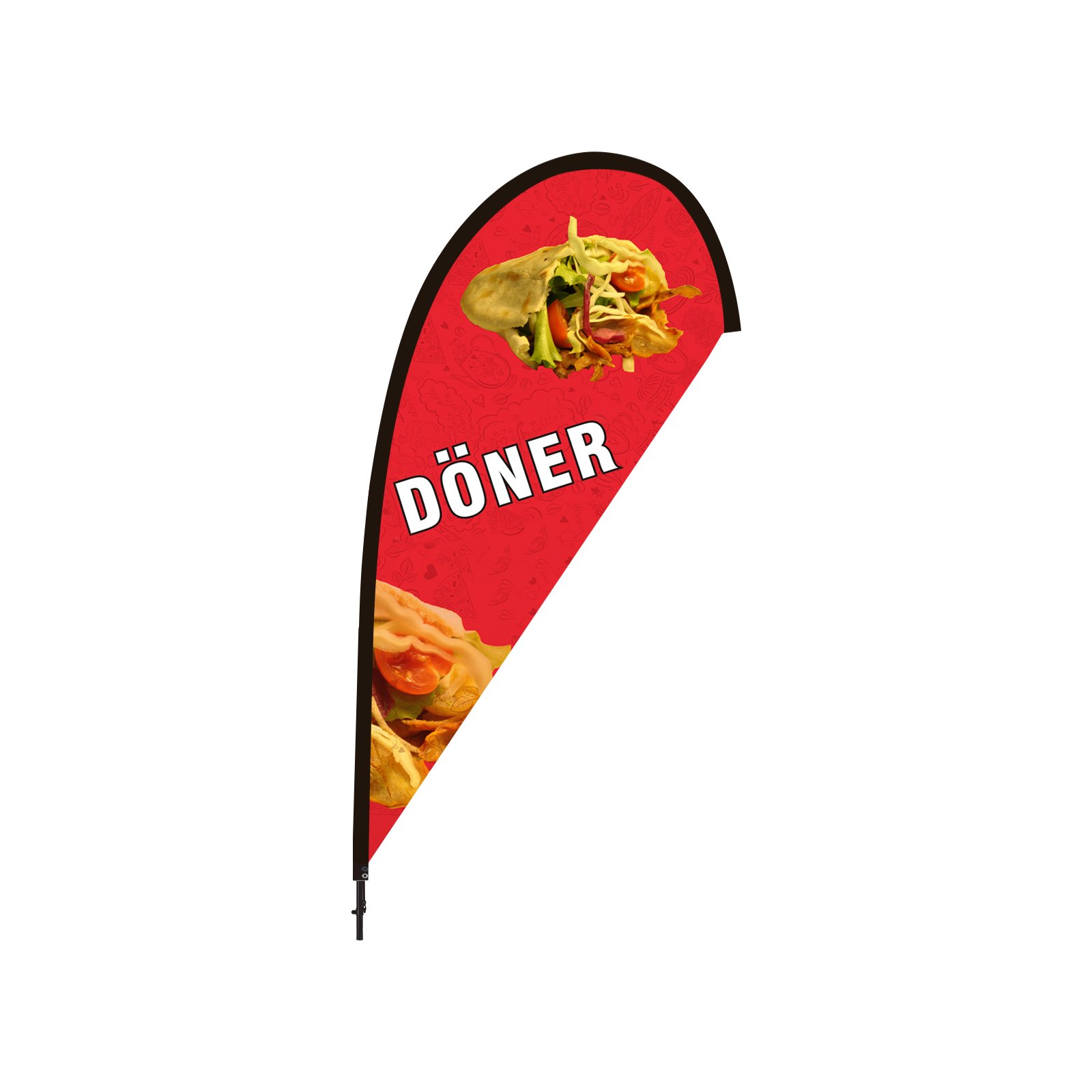 Beachflag kebab, flaga reklamowa o wysokości ponad 2 m, kształt kropli z płytą podłogową, do użytku wewnątrz i na zewnątrz