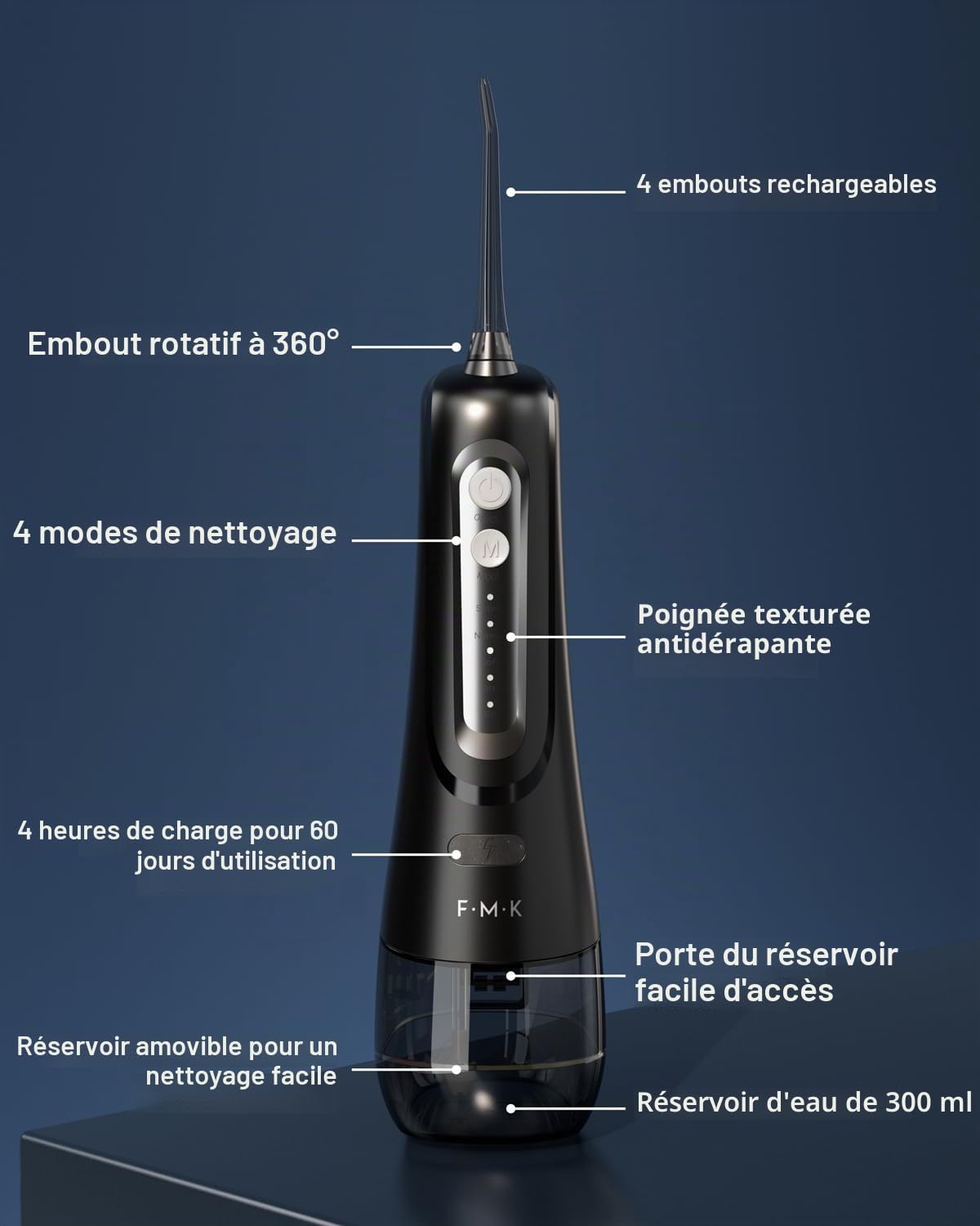 Hydropulseur et brosse à dents électrique pour adultes - Irrigateur buccal et brosse à dents sonique 2-1 - Kit de nettoyage buccal (noir)
