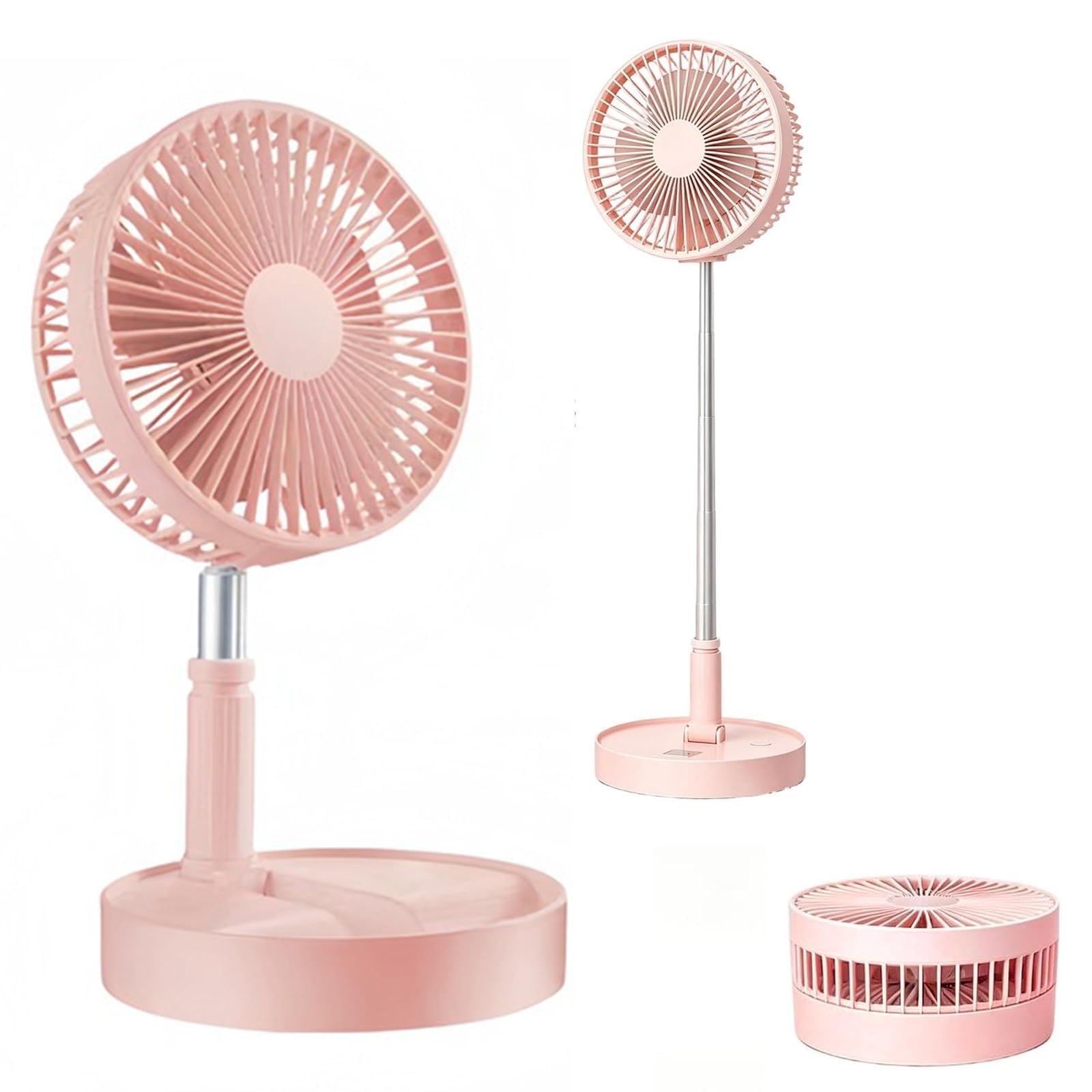 Portable Standing Fan,Foldable Telescopic Pedestal Fan with 4 Speed & 180°Tilt,Portable 3-in-1 Rechargeable Floor Desk Table Fans,7200mAh Battery Standing Floor Fans for Bedroom Office Travel (Pink)