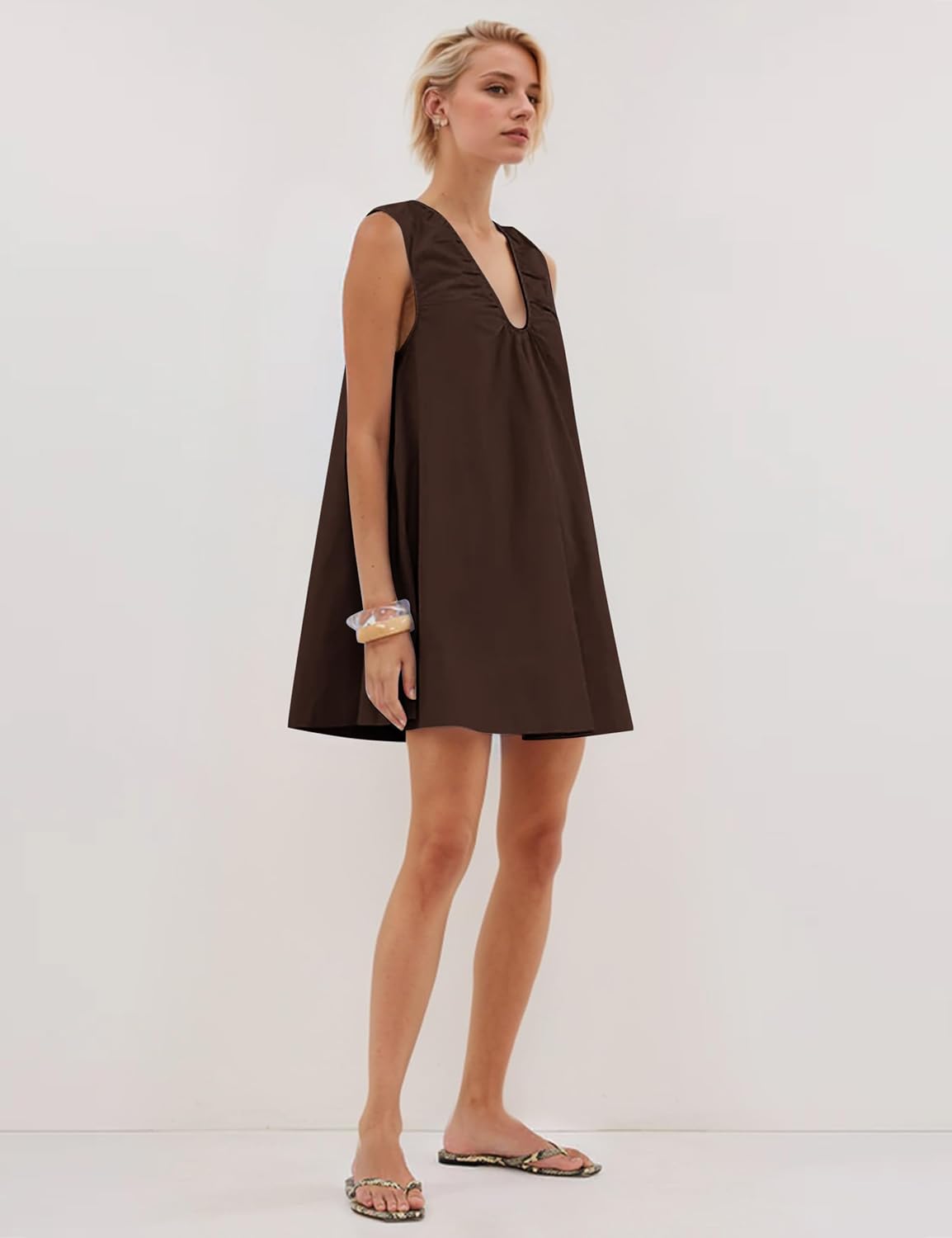 Women Summer Sleeveless Babydoll Mini Dress Scoop Neck Loose Fit Tank Dresses Party Ruched Short Dress witn Pockets - Image 3