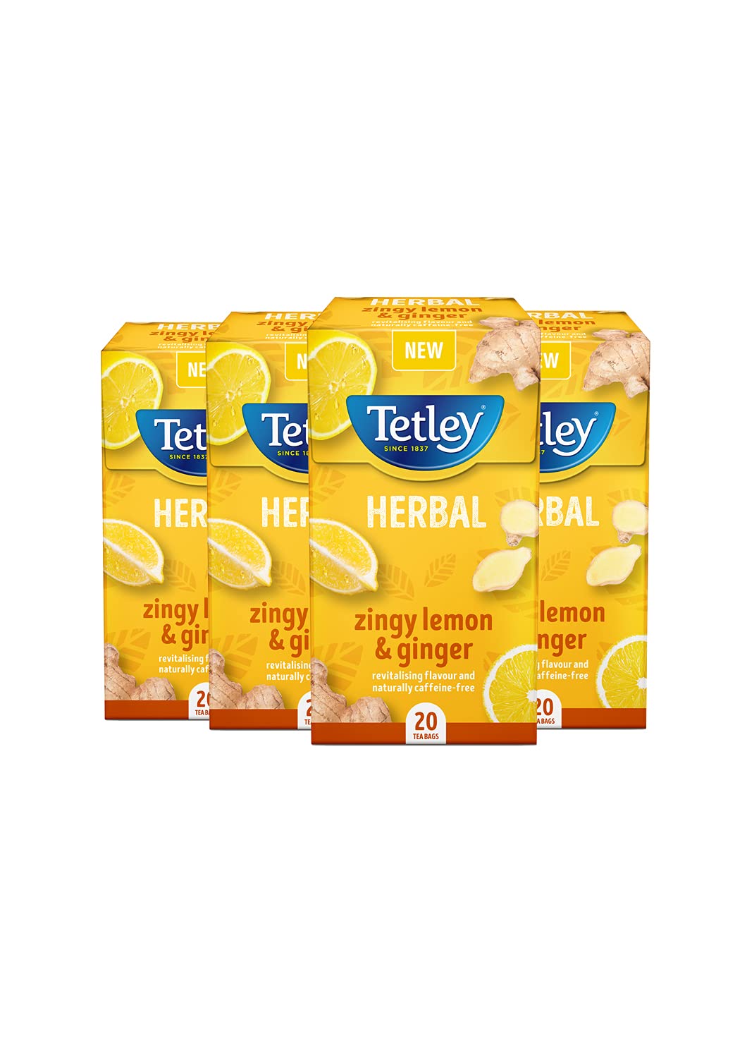 Tetley Zingy Lemon & Ginger Herbal Tea Bags - Naturally Caffeine-Free - Perfectly Balanced Citrus & Spice Infusion - Ideal for Relaxation - Rainforest Alliance Certified - 80 Teabags (4x20 Pack)