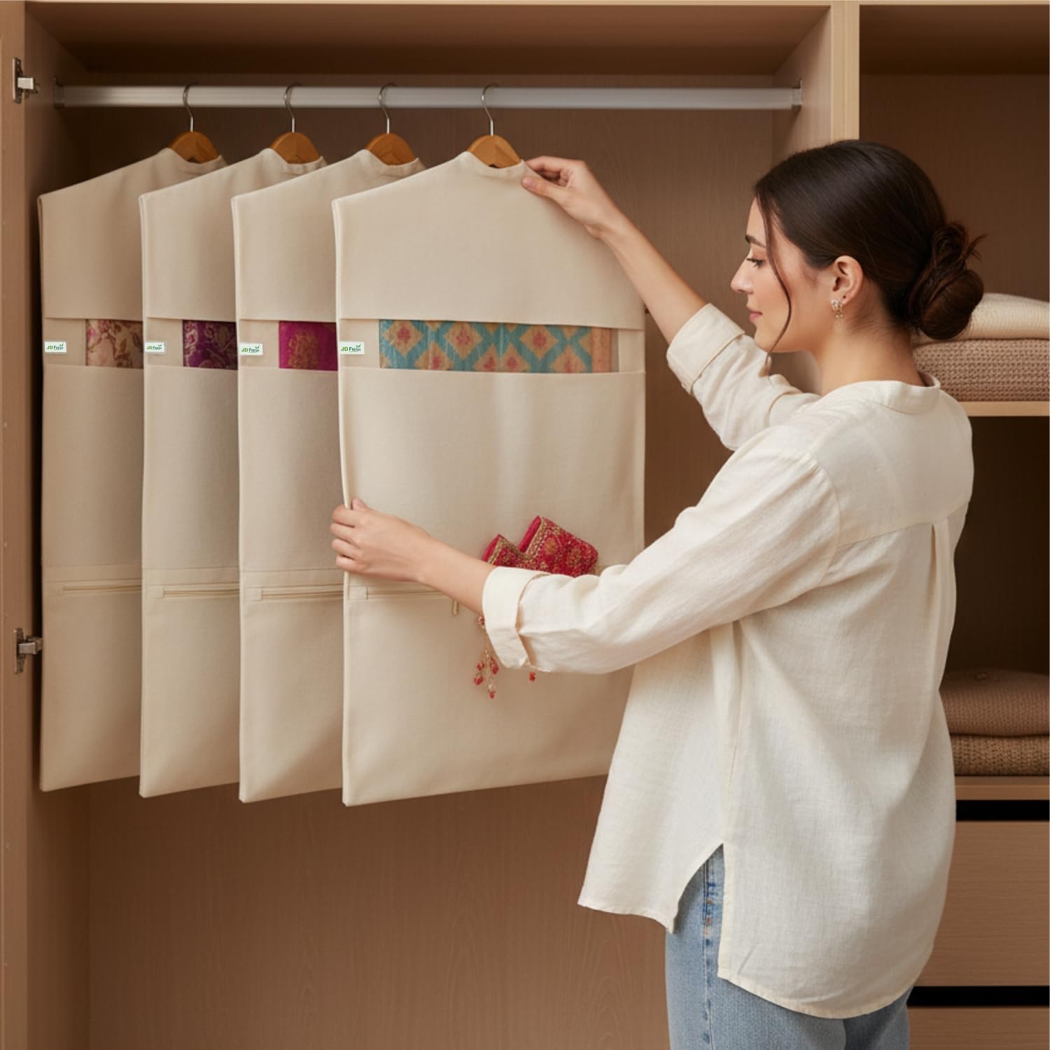 JD FRESH 4 Piece of Double Pocket Hanging Saree Bag/Cotton Clothes Bags for Storage/Hanging Cotton Saree Covers/Mesh Window Cloth Storage Bag/Saree Stoarge Covers with Zip - Off White